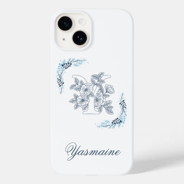 Initial "Y" Blue Monogram Calm Floral Case-Mate iPhone Case (Back)
