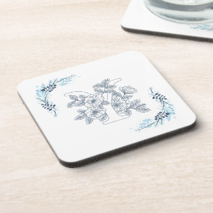 Initial "Y" Blue Monogram Calm Floral Coaster