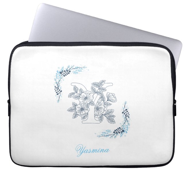 Initial "Y" Blue Monogram Calm Floral Laptop Sleeve (Front)