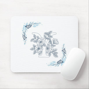 Initial "Y" Blue Monogram Calm Floral Mouse Mat
