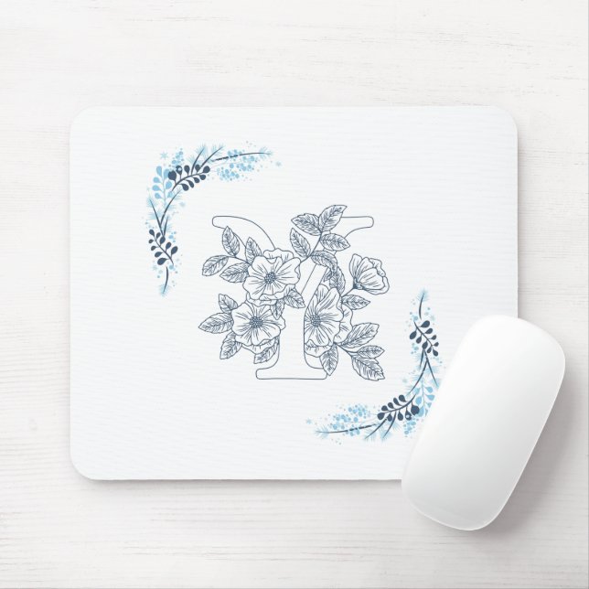 Initial "Y" Blue Monogram Calm Floral Mouse Mat (With Mouse)