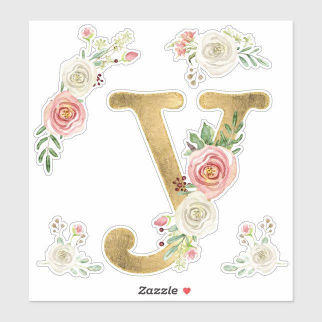 Initial Y Gold Blush Peony Rose Floral Watercolor (Sheet)