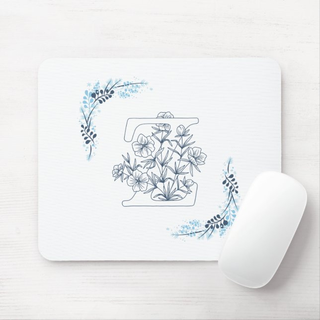 Initial "Z" Blue Monogram Calm Floral Mouse Mat (With Mouse)
