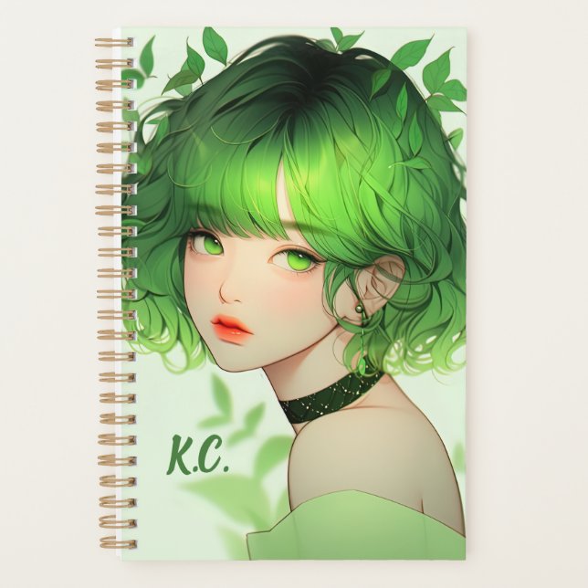 Initialled Green Goth Kpop Anime Girl Custom  Planner (Front)