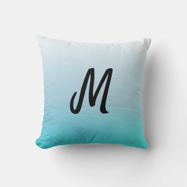 Initialled Pretty Aqua Blue Gradient Throw Pillow (Front)