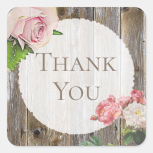 Initialled Rustic Wood Pink Rose Thank You Sticker