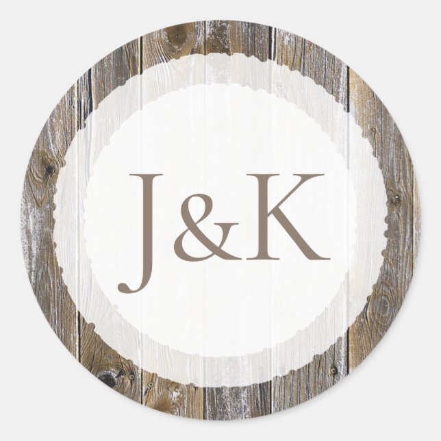 Initialled Rustic Wood Wedding Stickers (Front)