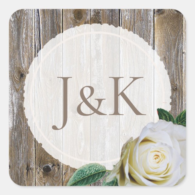 Initialled Rustic Wood White Rose Wedding Stickers (Front)