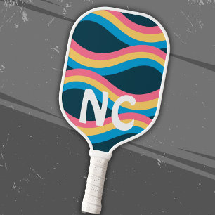 Initials and Retro Waves in Pink Yellow Blue Pickleball Paddle