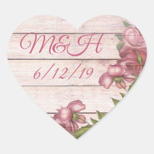 Initials and Wedding Date Vintage Rose and Wood Heart Sticker