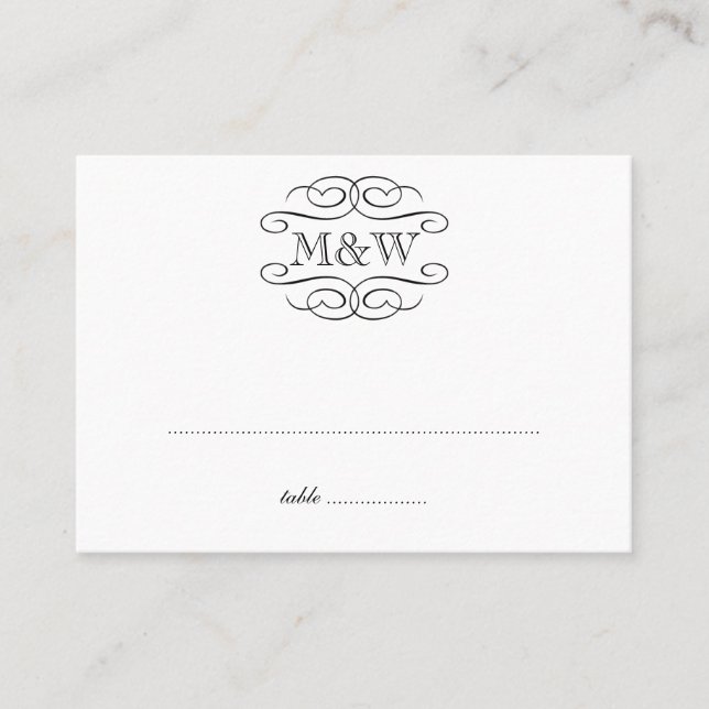 Initials black scroll wedding escort seating place card (Front)