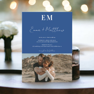 Initials blue simple 2 photos qr wedding invitation
