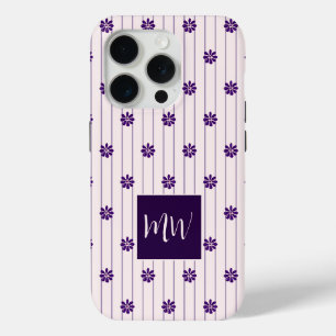 Initials Blush & Violet Stripes Floral Pattern iPhone 15 Pro Case