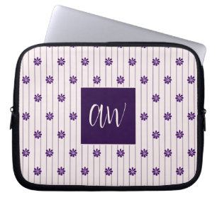 Initials Blush & Violet Stripes Floral Pattern Laptop Sleeve