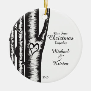 Initials Carved On Tree Couples Christmas Ceramic Tree Decoration
