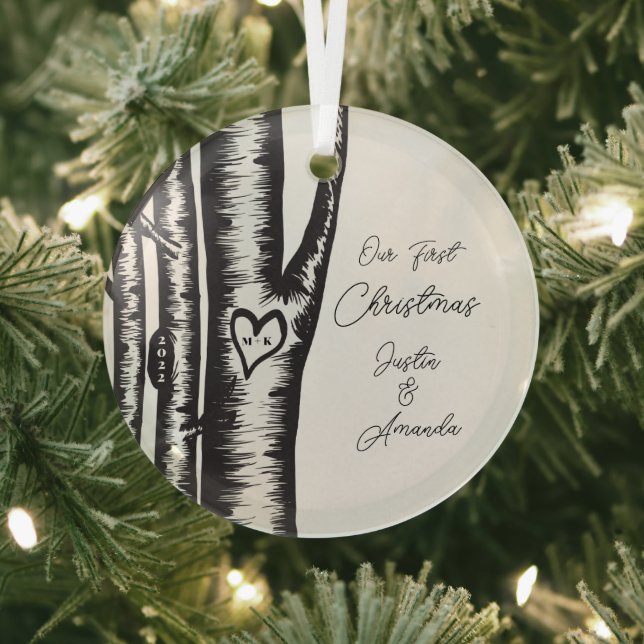 Initials Carved On Tree Couples Glass Tree Decoration (Insitu)
