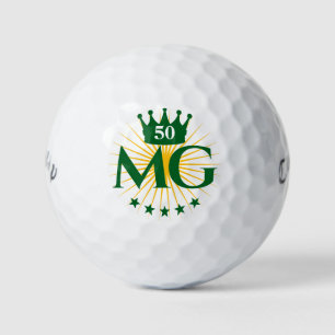 Initials Crown Stars Forest Green 50th Birthday Golf Balls