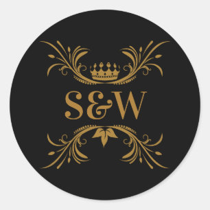 Initials Elegant Black and Gold Crown Classic Round Sticker