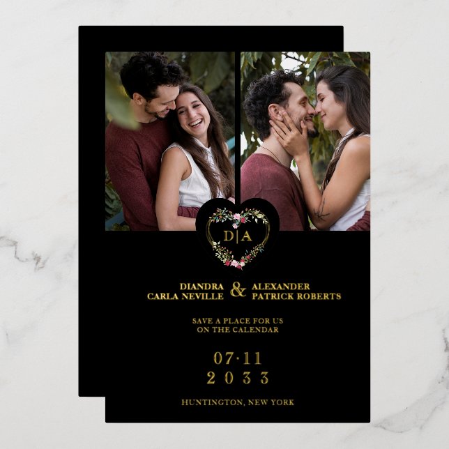 Initials Elegant Floral Red Heart 2 Photos Black (Front/Back)