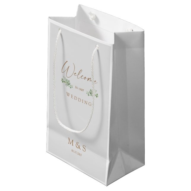 Initials Eucalyptus Wedding Favour Grey & Gold Small Gift Bag (Front Angled)