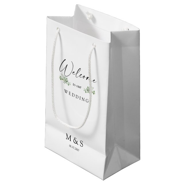 Initials Eucalyptus Wedding Favour White Small Gift Bag (Front Angled)