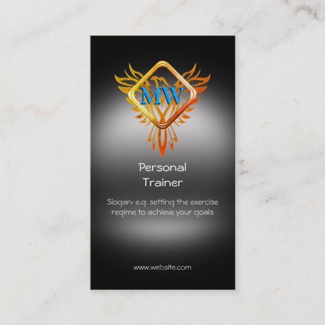 Initials, Flaming Phoenix, Personal Trainer Business Card (Front)