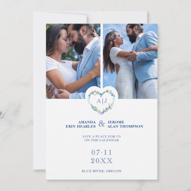 Initials Floral Blue Heart 2 Photos on White Save The Date (Front)