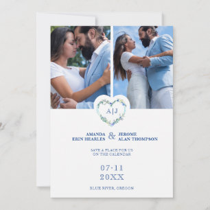 Initials Floral Blue Heart 2 Photos on White Save The Date