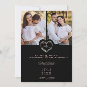Initials Floral Pink Heart 2 Photos on Black Save The Date
