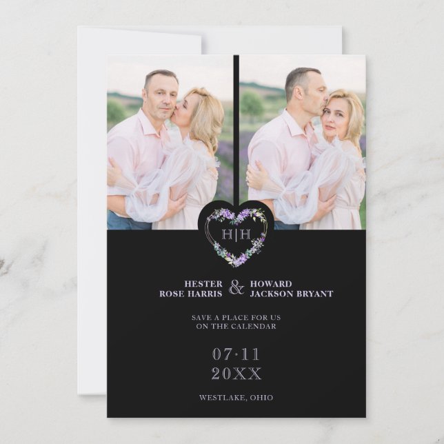 Initials Floral Purple Heart 2 Photos on Black Save The Date (Front)