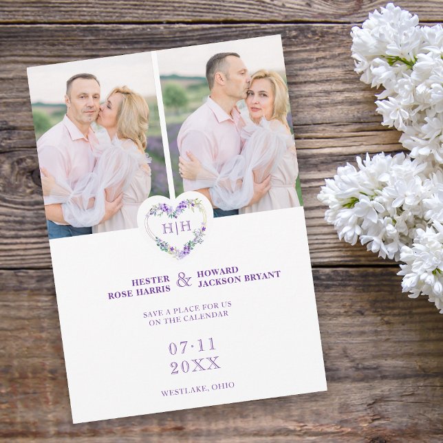 Initials Floral Purple Heart 2 Photos on White Save The Date (Creator Uploaded)
