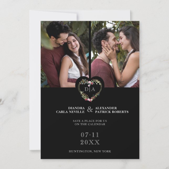 Initials Floral Red Heart 2 Photos on Black Save The Date (Front)