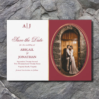 Initials Formal Red, Gold and White Photo Wedding Save The Date