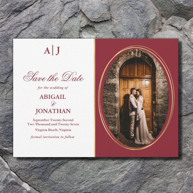 Initials Formal Red, Gold and White Photo Wedding Save The Date (Creator Uploaded)