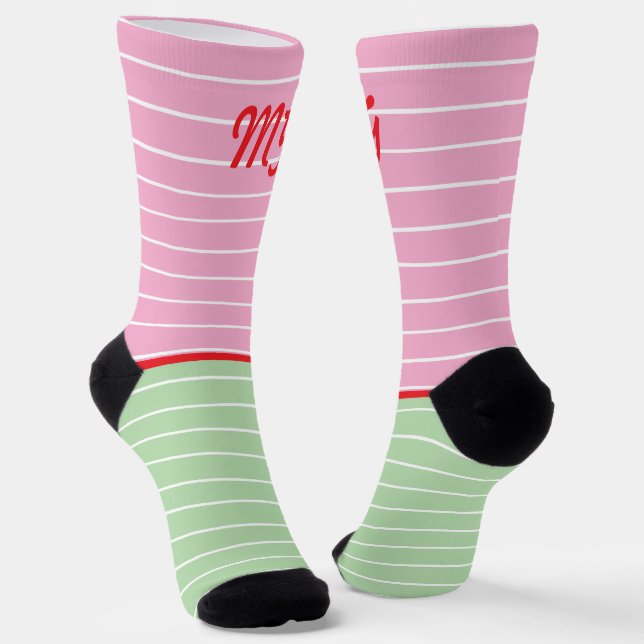 Initials fun style stripes Pink green Modern cute Socks (Angled)
