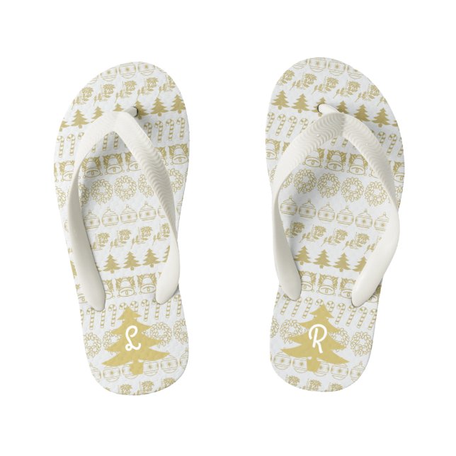 Initials | Gold & White Iconic Christmas Pattern Kid's Flip Flops (Footbed)