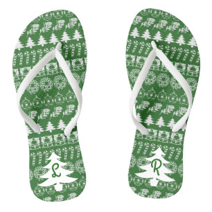 Initials   Green & White Iconic Christmas Pattern Flip Flops