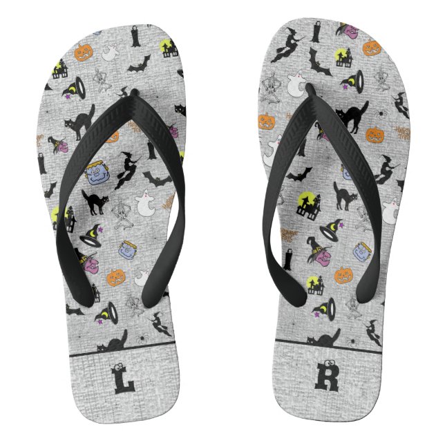 Initials:  Halloween Random Icoic Pattern Grey Flip Flops (Footbed)