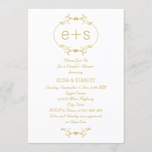 Initials in a gold frame wedding couple's shower invitation