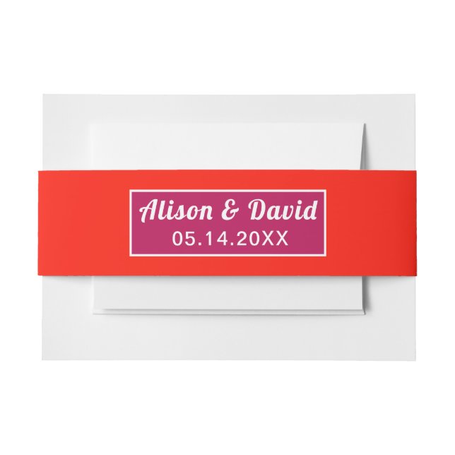 Initials magenta and vibrant orange simple wedding invitation belly band (Front Example)