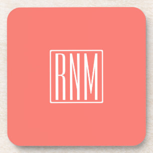 Initials Monogram White On Coral Coaster