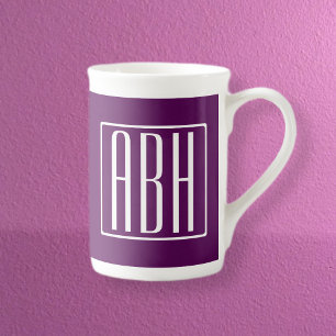Initials Monogram   White On Deep Purple Bone China Mug
