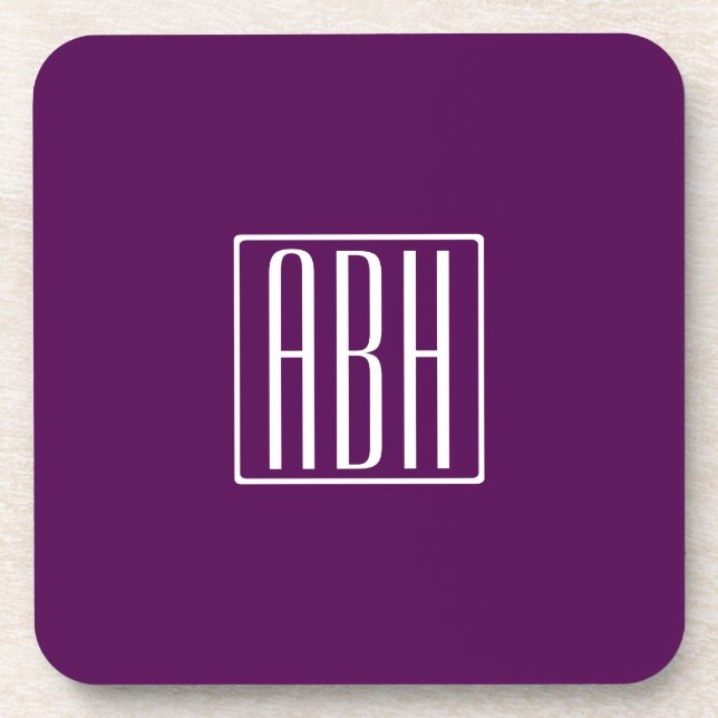 Initials Monogram | White On Deep Purple Coaster (Front)