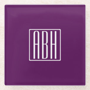 Initials Monogram White On Deep Purple Glass Coaster
