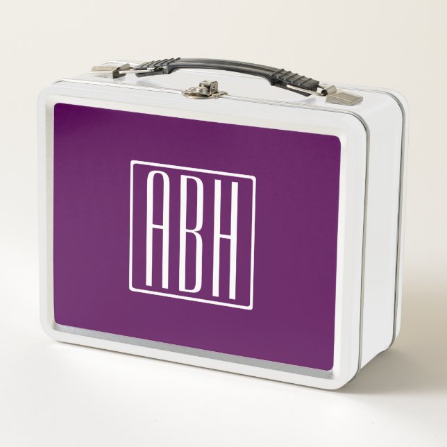 Initials Monogram | White On Deep Purple Metal Lunch Box (Front)