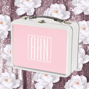 Initials Monogram   White On Light Pink Metal Lunch Box