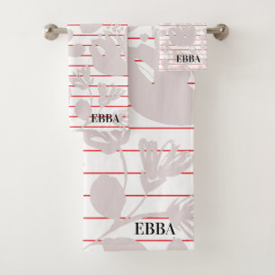 Initials pretty red stripes pink flowers girly bath towel set