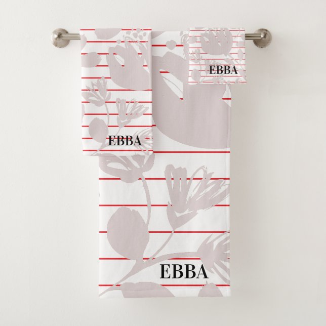 Initials pretty red stripes pink flowers girly bath towel set (Insitu)