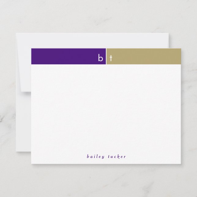 Initials Purple Gold Monogram Personal Stationery Card (Front)