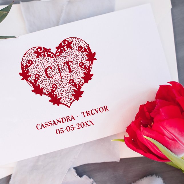 Initials Sophisticated Wedding Lace Floral Heart Rubber Stamp (Creator Uploaded)